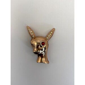 Vintage 1940s Rose Gold Tone Fawn Deer Red Eye Rhinestone Ear Figural Brooch Pin